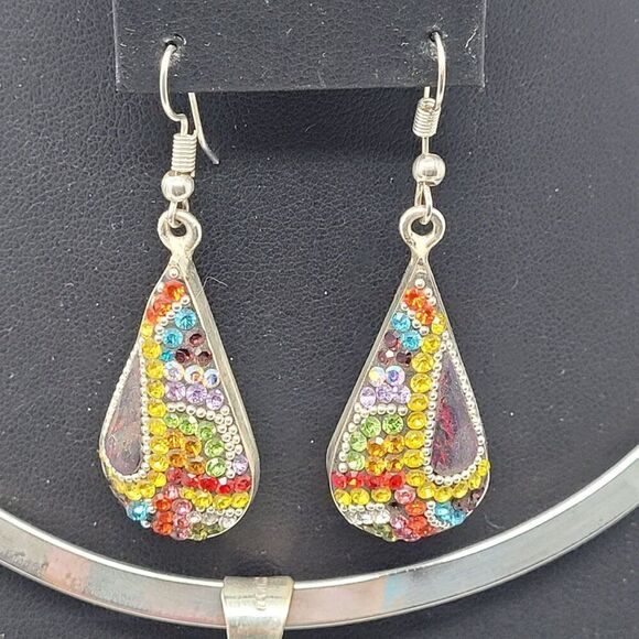 Artisan 925 Teardrop Multicolor Micro Mosaic Crystal Torque Necklace Earring Set - Picture 7 of 16